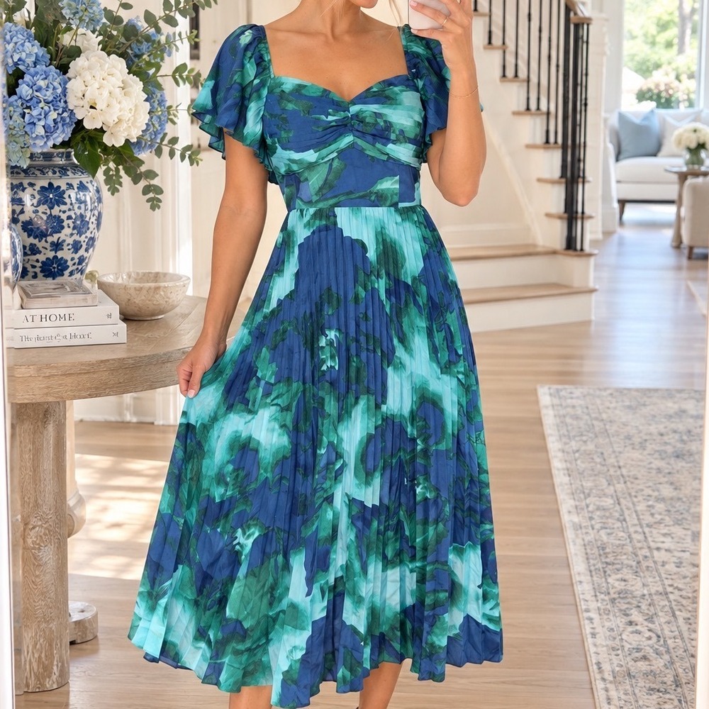 Lulus Teal Green Abstract Floral Pleated Midi Dress Sweetheart Neck M D3